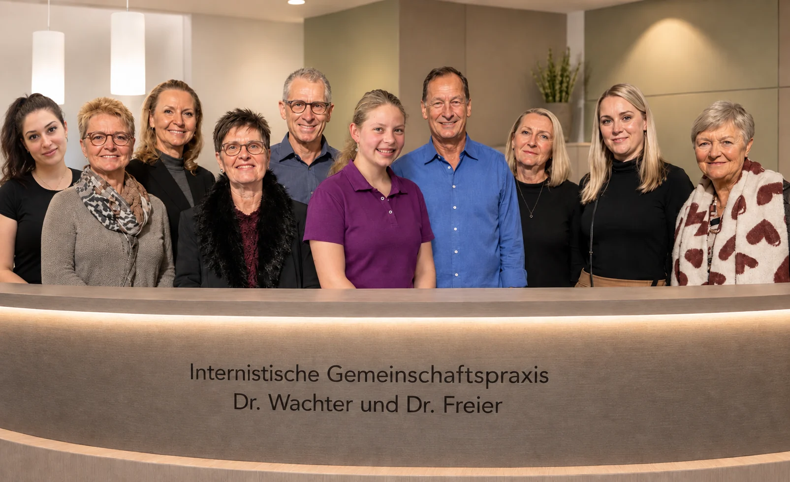 Praxisteam der Gemeinschaftspraxis Neue Mitte mit Frau Zdebor zwischen Dr. Wachter und Dr. Freier